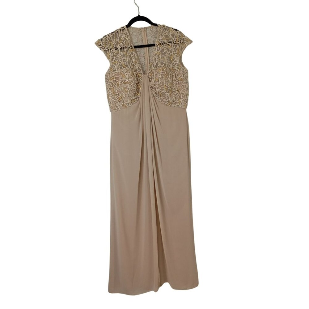 Tadashi Shoji Evening Gown Gold Beaded Lace Cap Sleeves Pleated Front Sz 14